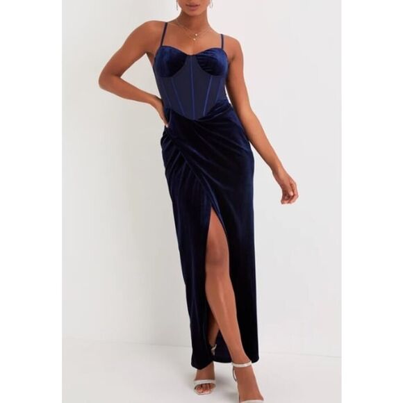 Lulus Women Small Alluring Icon Navy Blue Velvet Bustier Tulip Maxi Dress - Picture 1 of 7